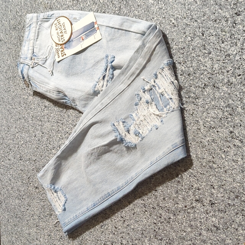 High-Waisted Knee-Ripped Straight Leg Jeans